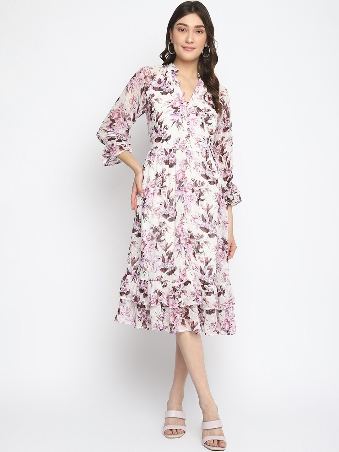 

Latin Quarters Floral Printed Bell Sleeves Gathered Detailed Fit & Flare Midi Dress, Purple