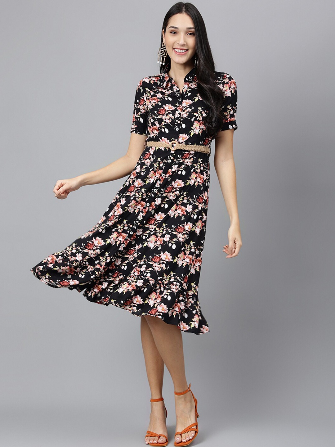 

Latin Quarters Floral Printed Fit & Flare Midi Dress, Black