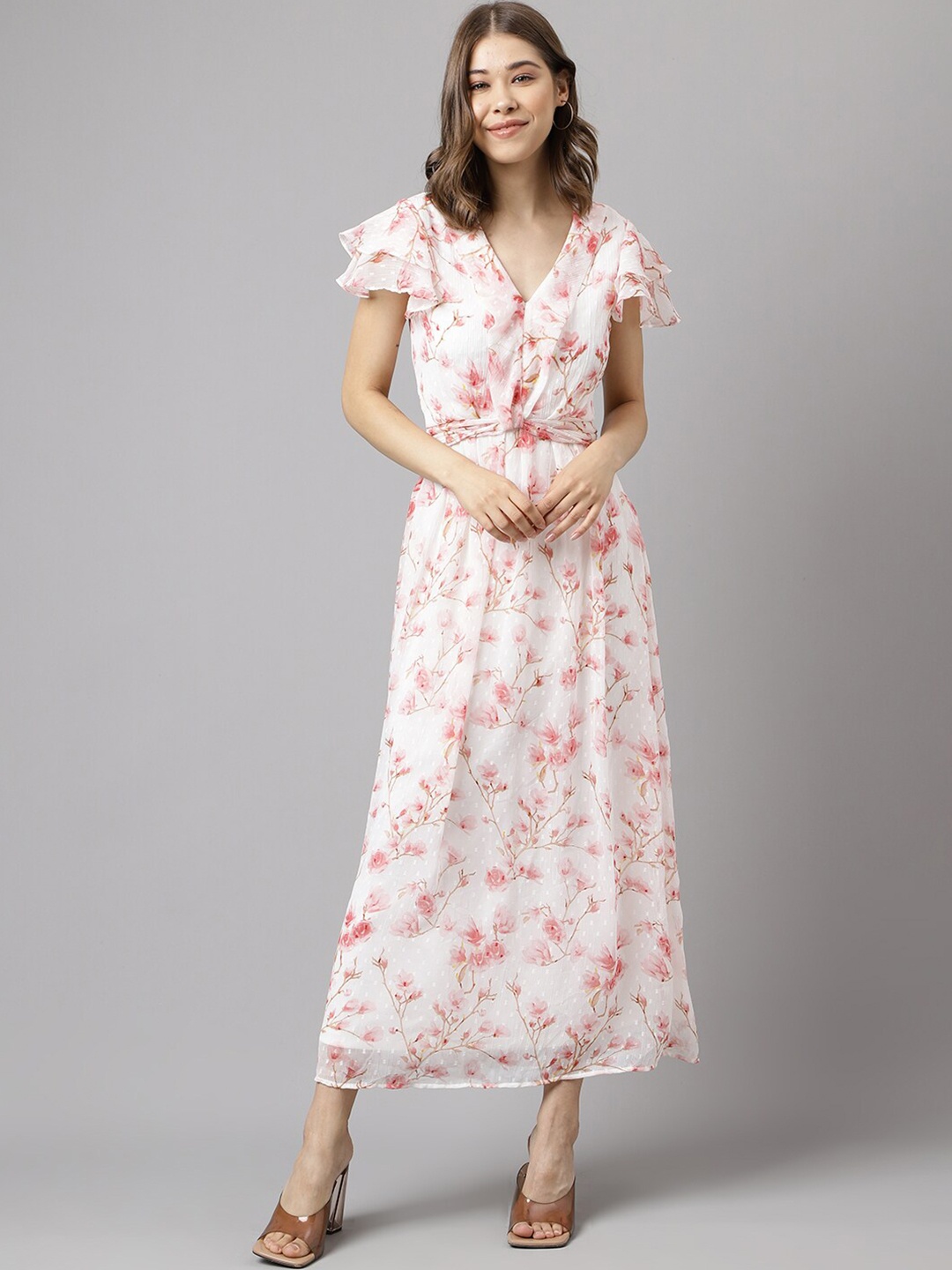 

Latin Quarters Floral Printed Flutter Sleeve Maxi Dress, Pink