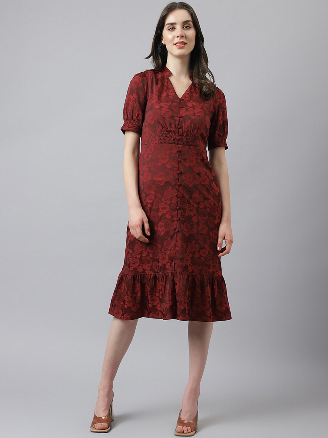 

Latin Quarters Floral Printed Puff Sleeves Gathered Detailed Jacquard A-Line Midi Dress, Maroon