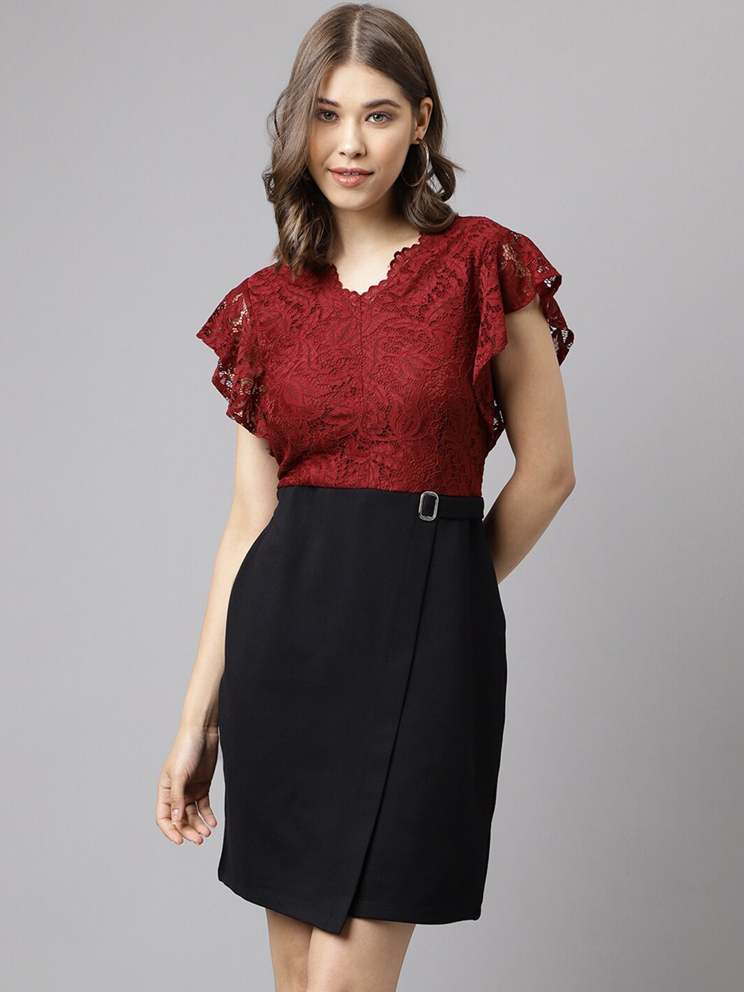 

Latin Quarters Flutter Sleeve Lace Sheath Dress, Maroon