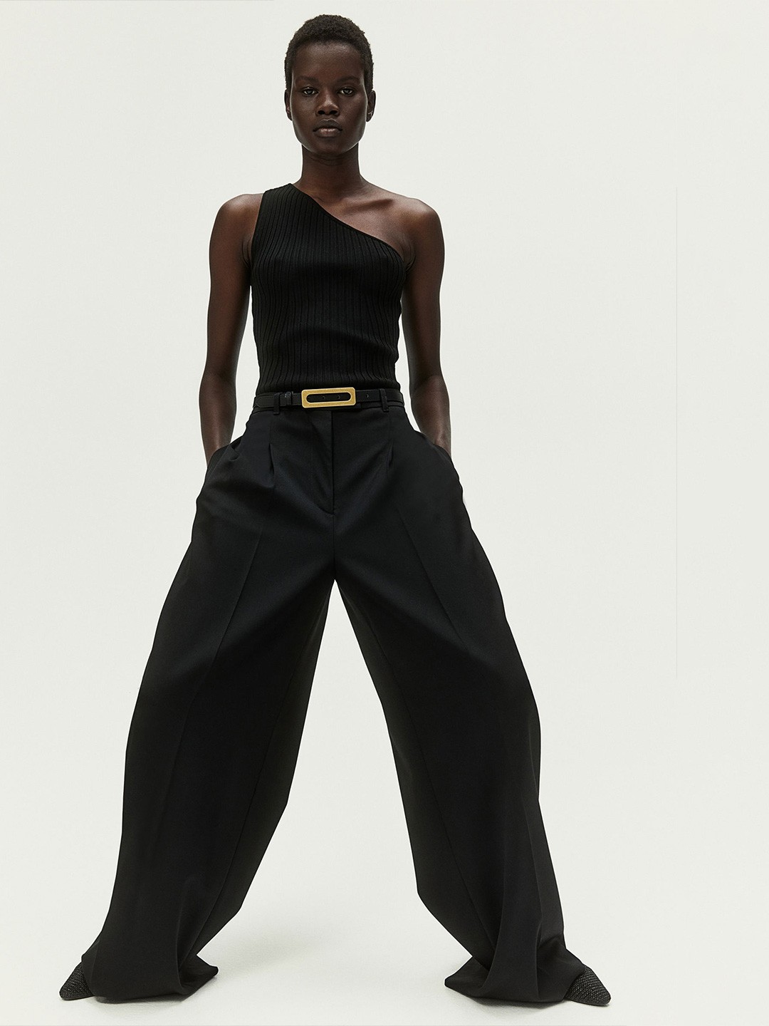 

H&M One-shoulder Rib-Knit Top, Black