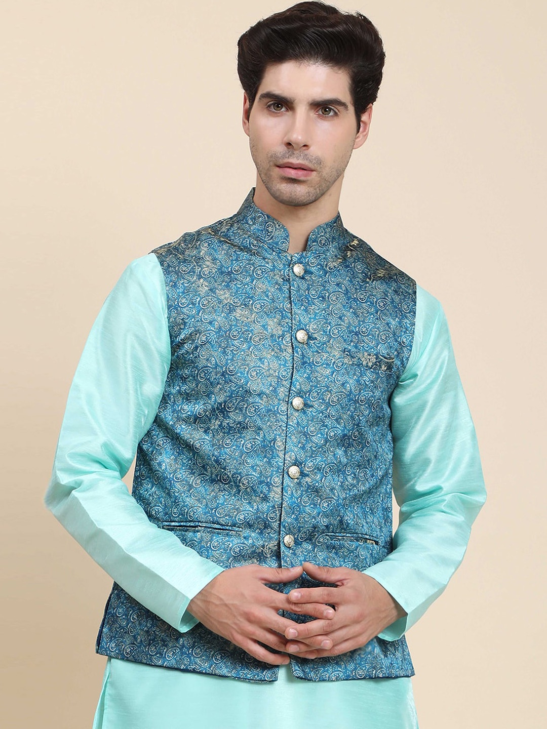 

Aanys Culture Printed Nehru Jacket, Sea green