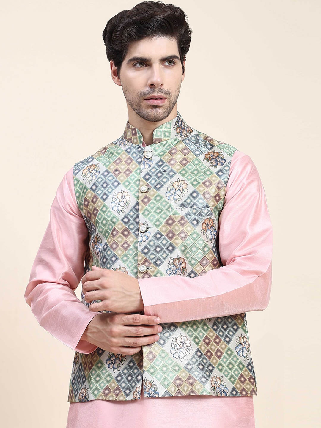 

Aanys Culture Men Ethnic Motifs Printed Waistcoat, Sea green
