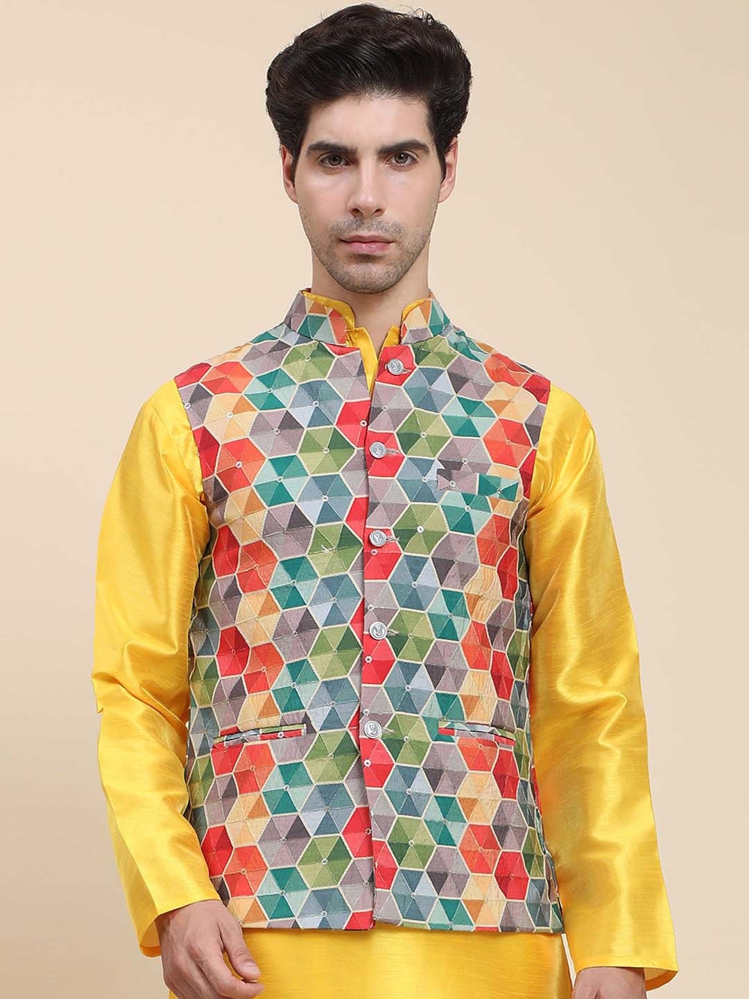 

Aanys Culture Geometric Printed Mandarin Collar Sleeveless Nehru Jacket, Blue