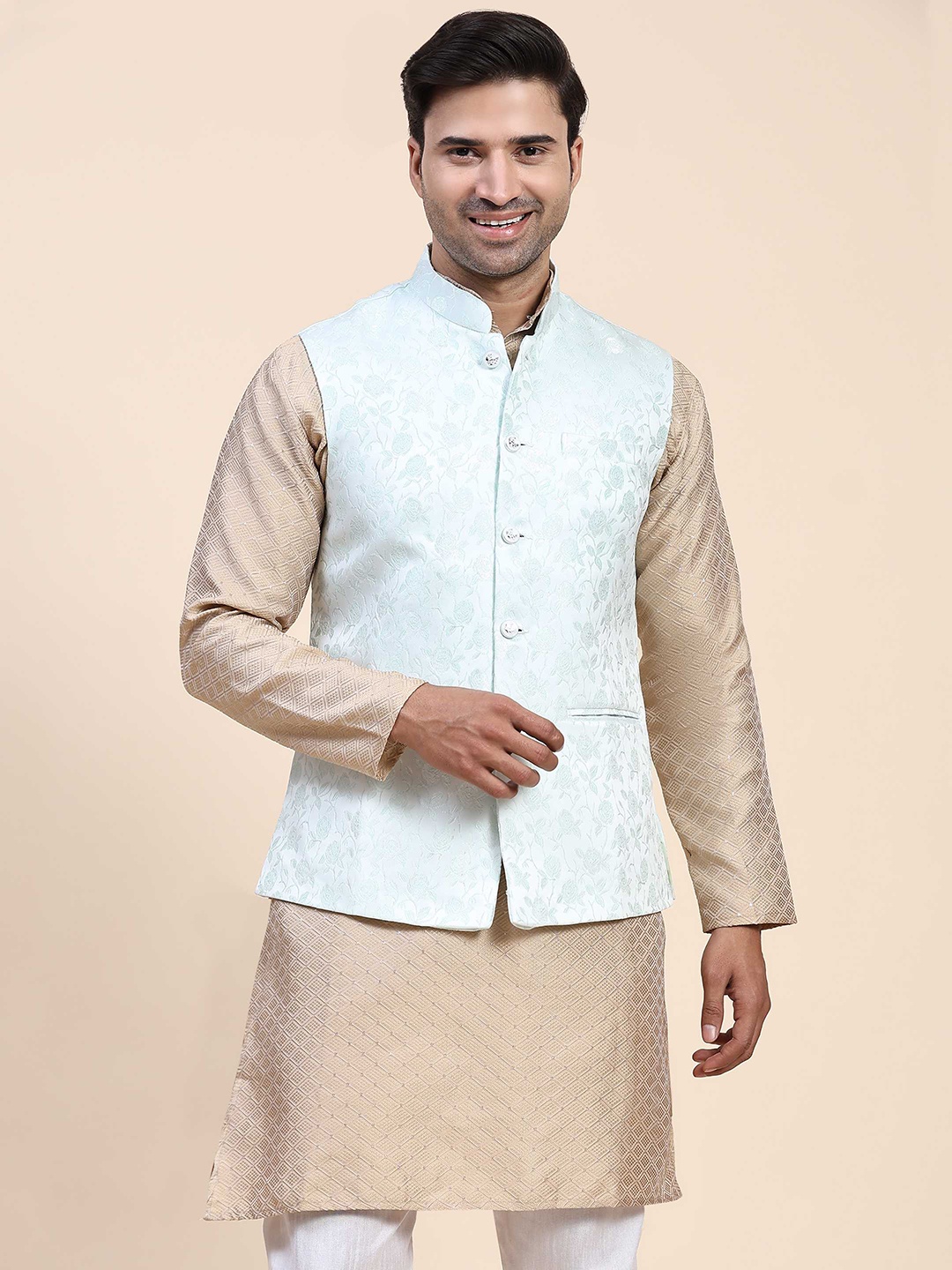 

Aanys Culture Floral Woven Design Mandarin Collar Sleeveless Satin Nehru Jacket, Sea green