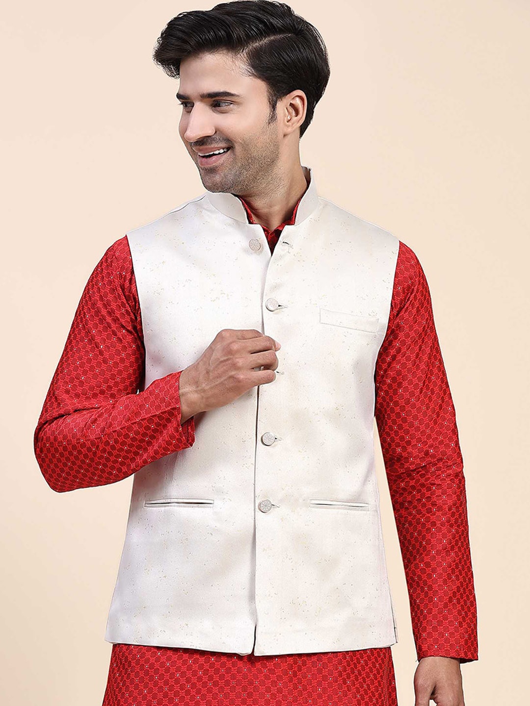 

Aanys Culture Printed Nehru Jacket, Cream