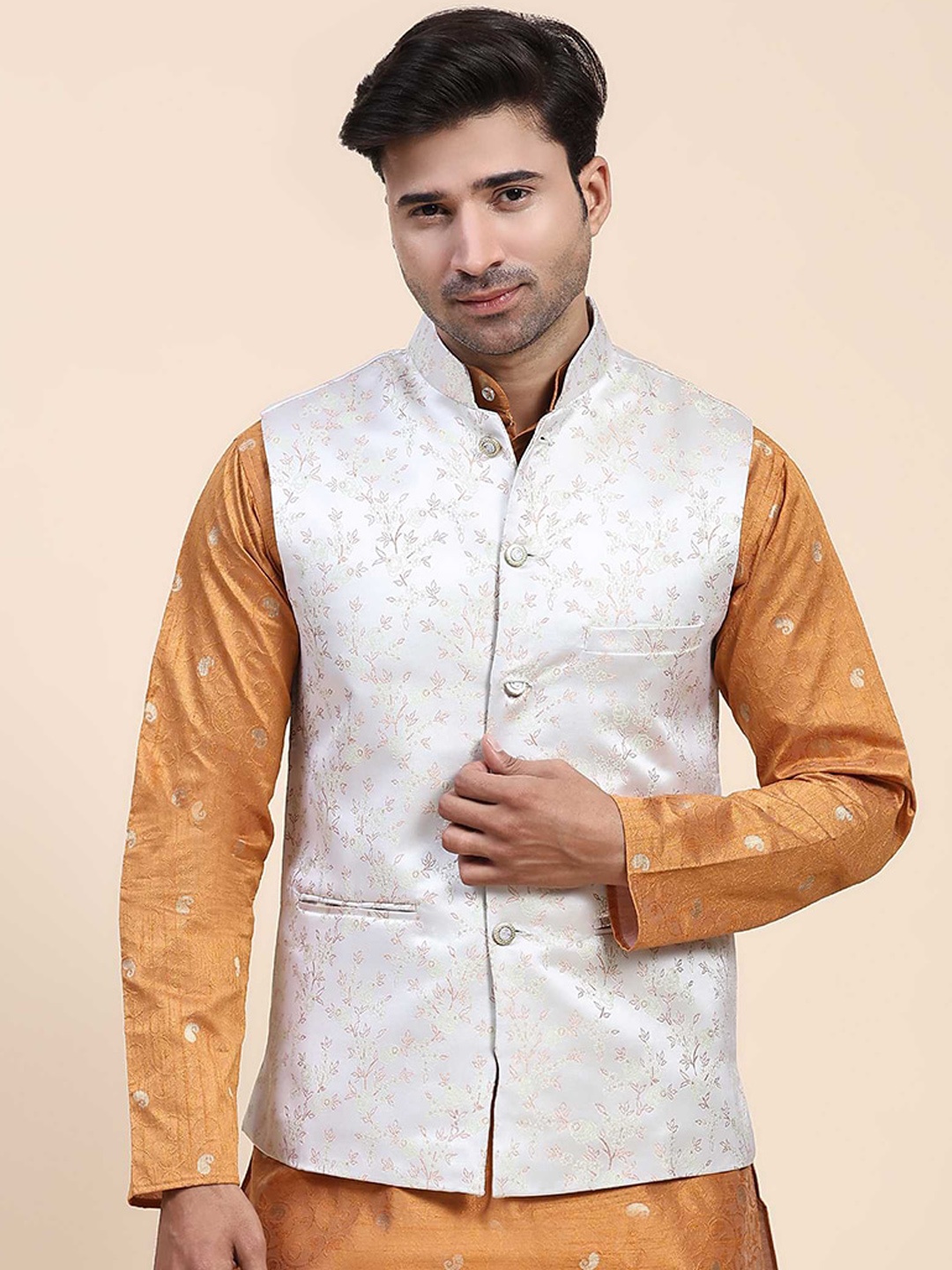 

Aanys Culture Printed Nehru Jacket, Cream