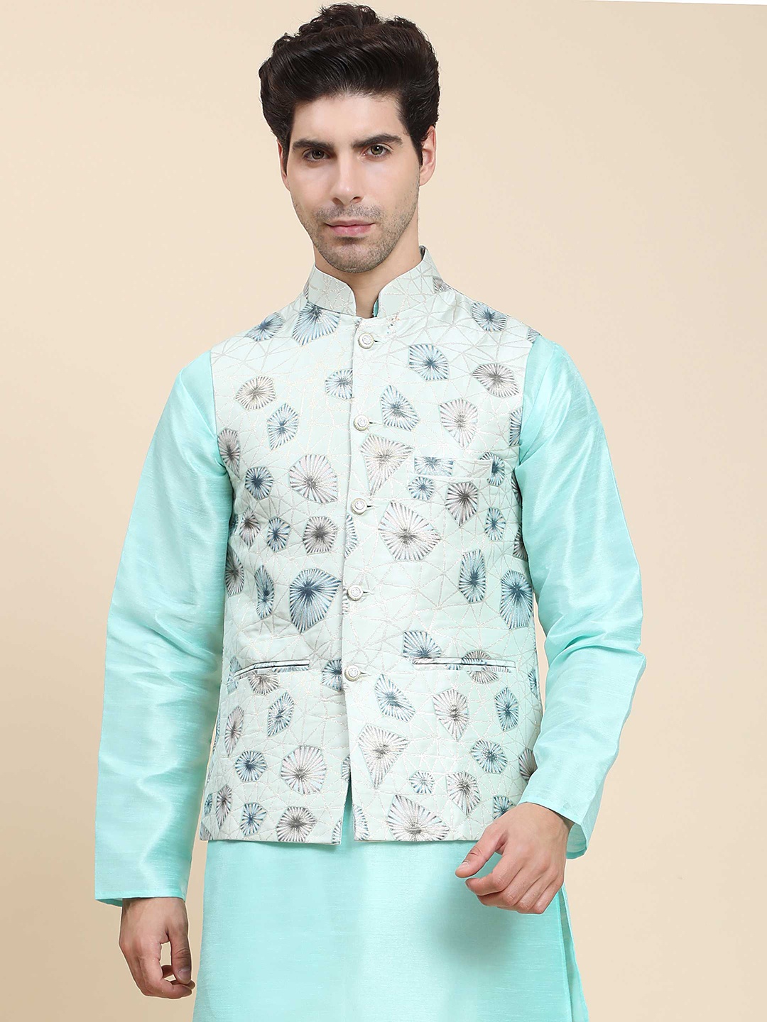 

Aanys Culture Printed Woven Nehru Jacket, Sea green