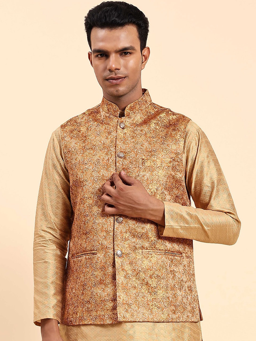 

Aanys Culture Printed Woven Nehru Jacket, Copper