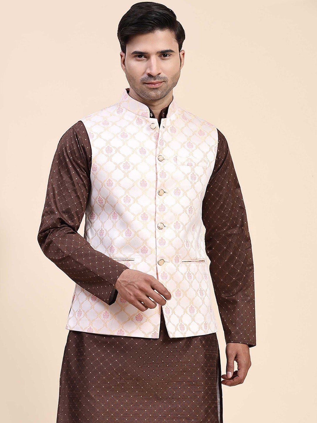 

Aanys Culture Printed Woven Nehru Jacket, Cream