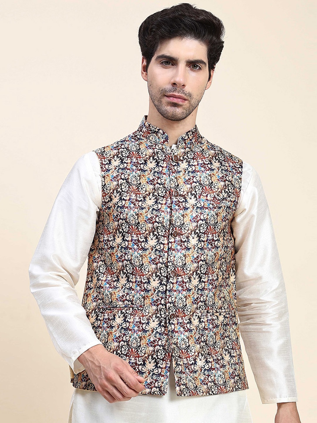 

Aanys Culture Printed Mandarin Collar Nehru Jacket, Brown