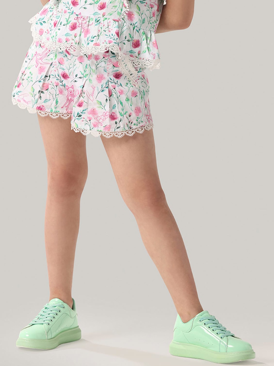One Friday Girls Floral Printed Laced Pure Cotton Shorts, Off white
