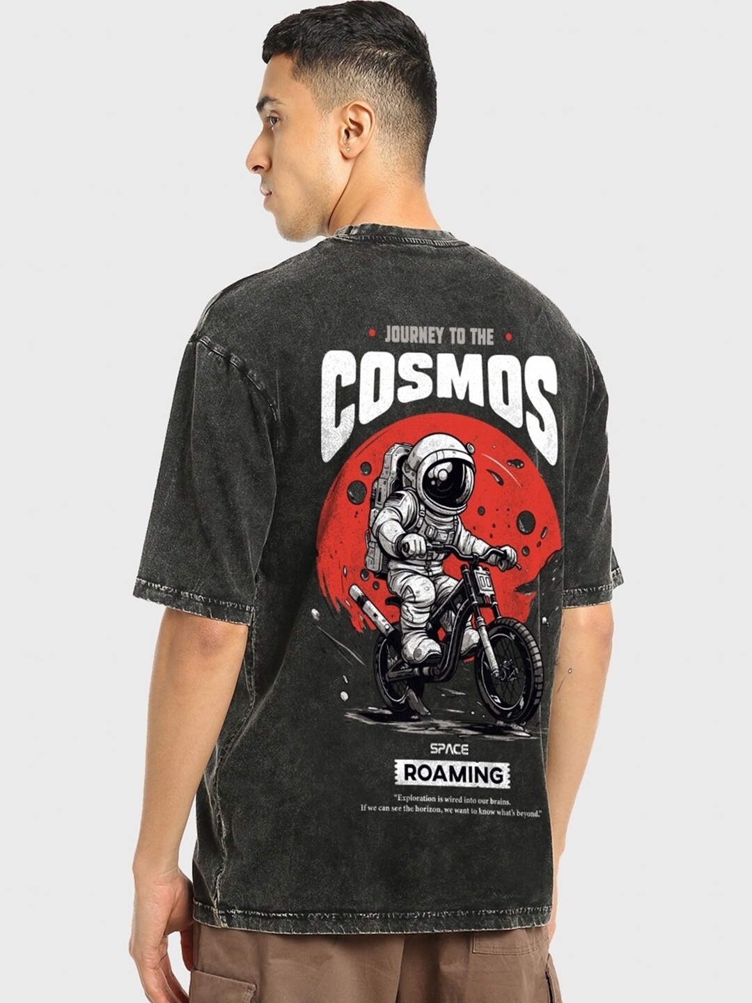 

Bewakoof Space Roaming Graphic Printed Oversized Acid Wash Cotton T-shirt, Black
