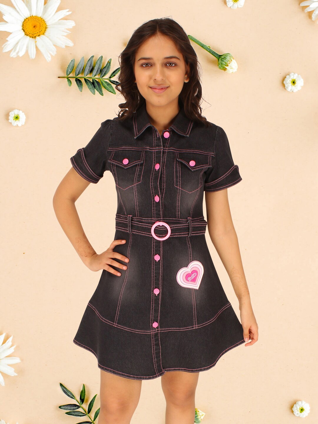 

CUTECUMBER Shirt Collar Short Sleeves Checked Denim Shirt Dress, Black