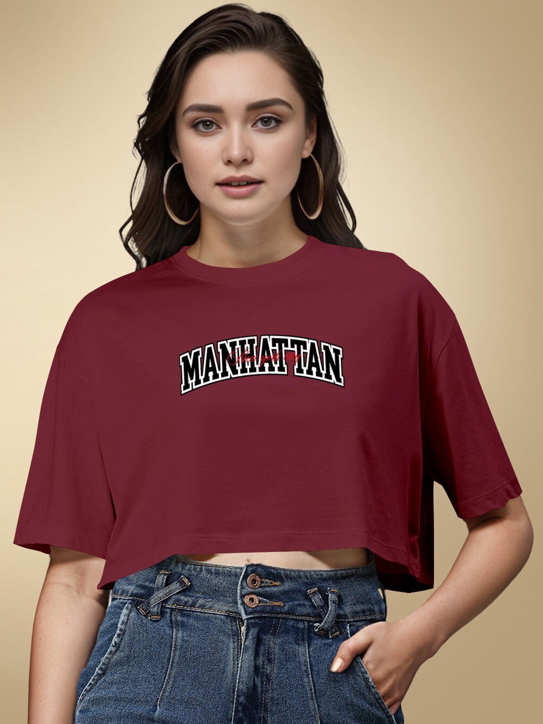 

HERE&NOW Typography Round Neck Cotton Boxy T-shirt, Maroon