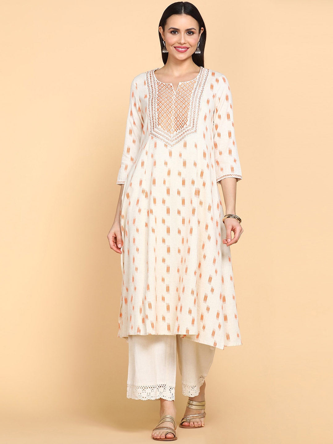 

aturabi Abstract Printed Round Neck Mirror Work Pure Cotton A-Line Kurta, Off white