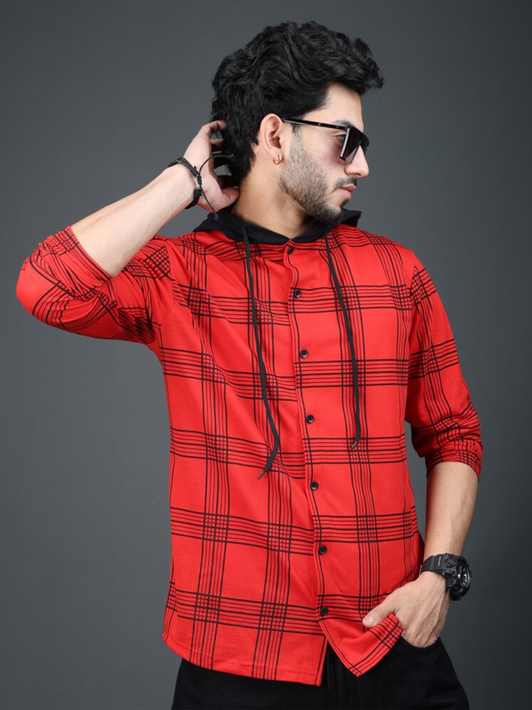 

Eyebogler Checked Hooded Cotton Casual Shirt, Red