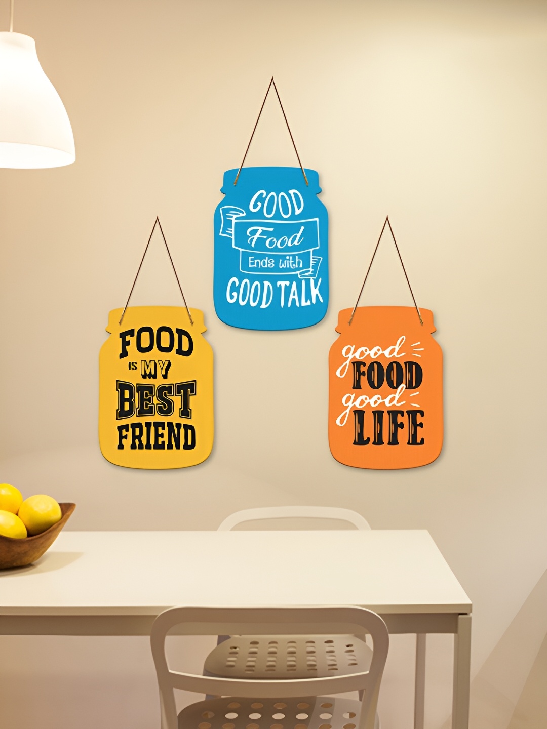 

ArtVibes Blue & Yellow 3 Pieces Good Life Quotes Wooden Wall Hangings