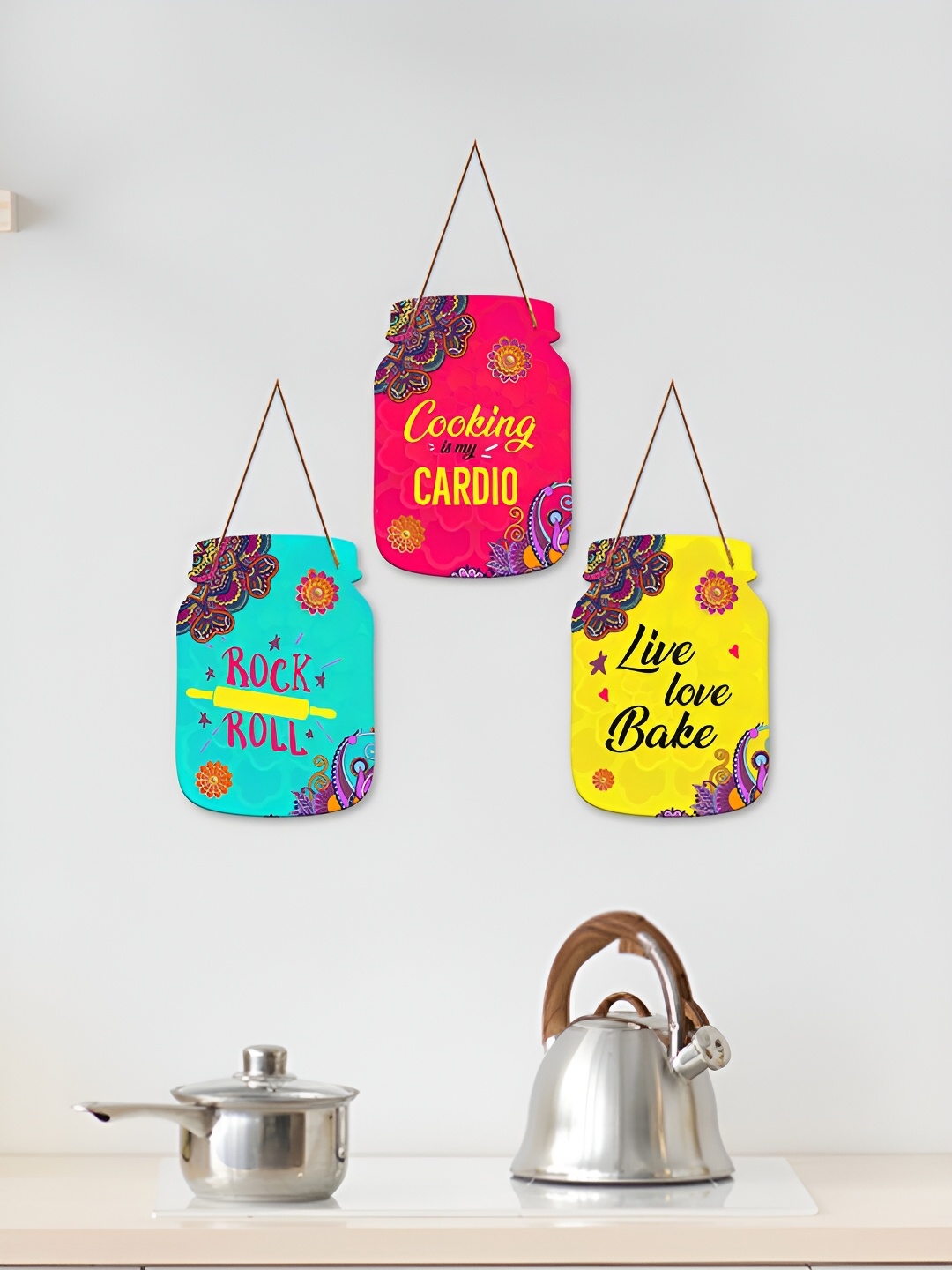 ArtVibes Orange & Green 3 Pieces Quotes Printed Wooden Wall Hangings