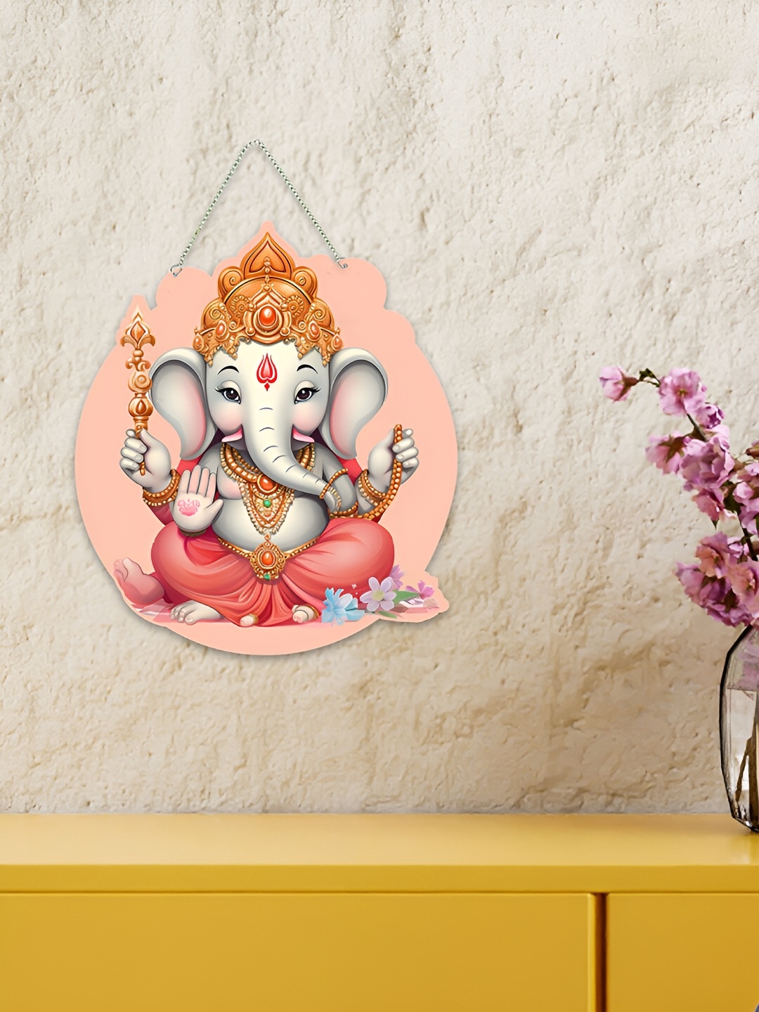 

ArtVibes Pink & White Lord Ganesha Wooden Wall Hanging