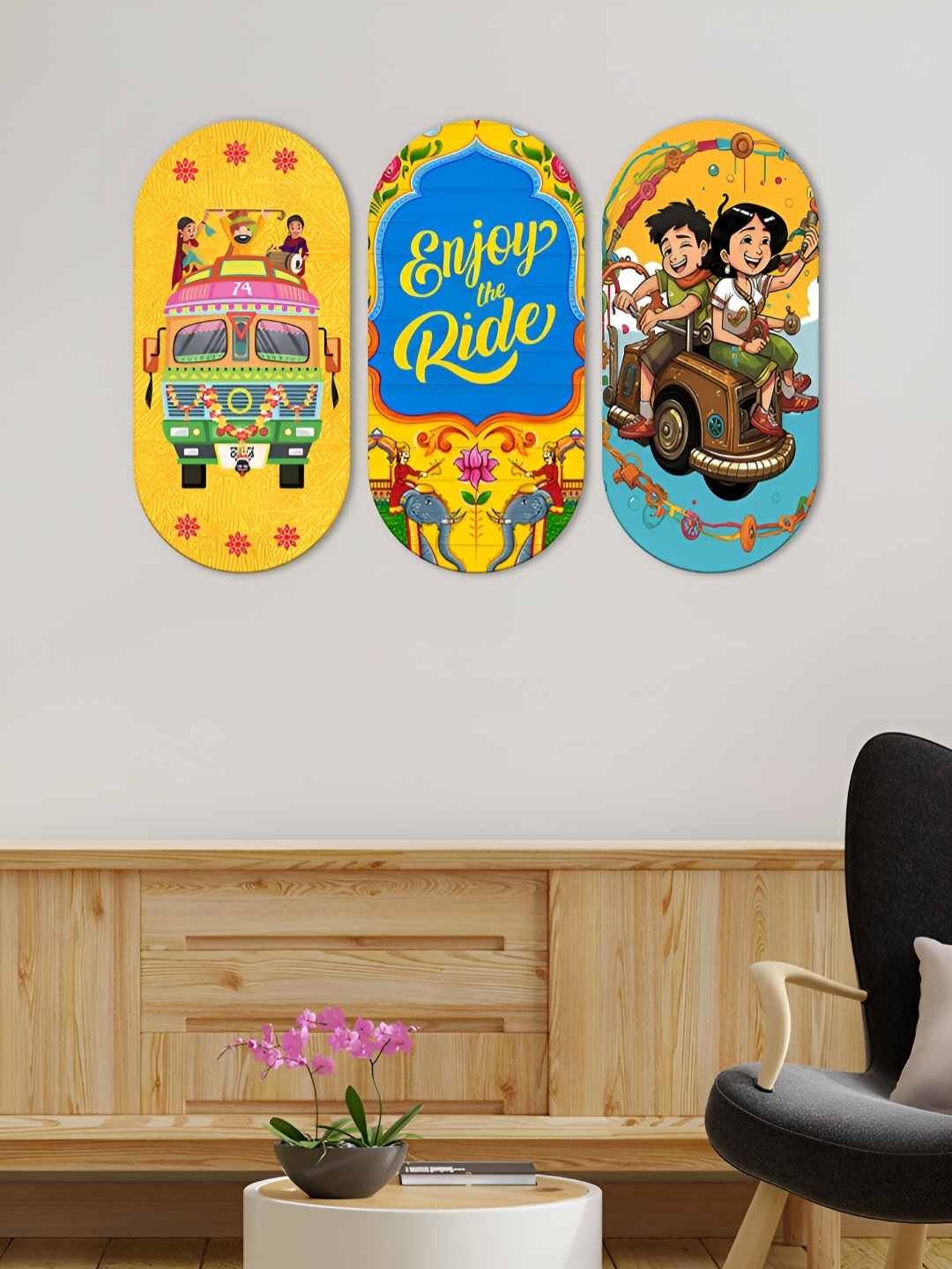 

ArtVibes Yellow & Blue 3 Pieces Enjoy The Ride Quotes Print Wooden Wall Hangings