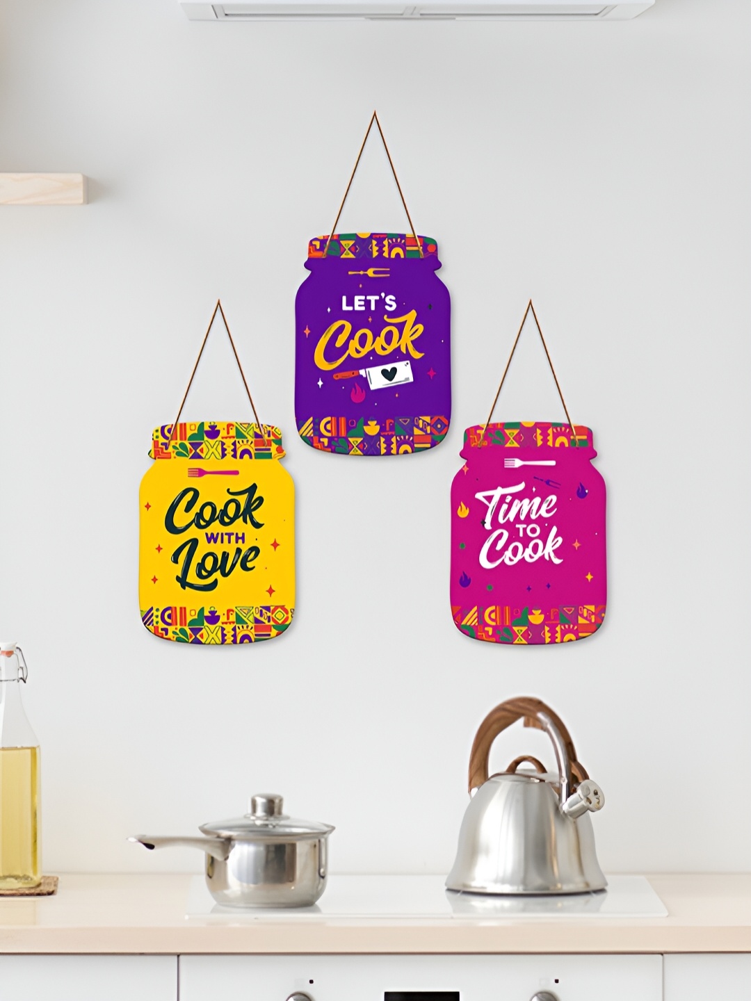 

ArtVibes Purple & Yellow 3 Pieces Quotes Printed Wooden Wall Hangings