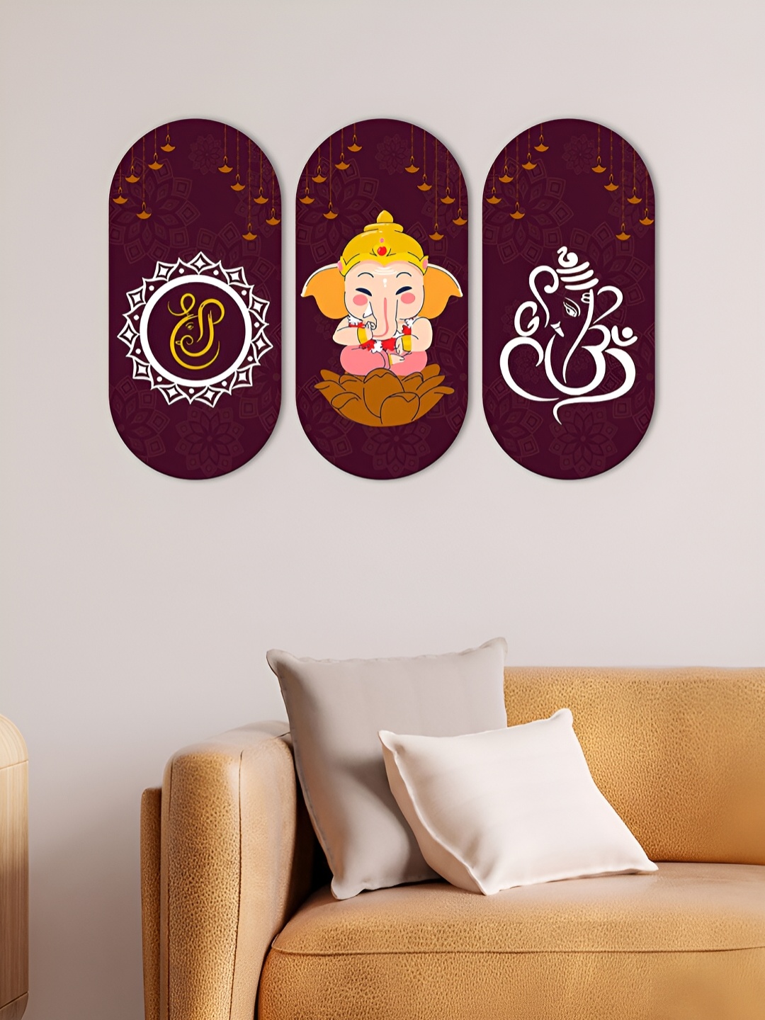 ArtVibes 3 Pieces Brown & White Ganesh Printed Wooden Wall Hangings