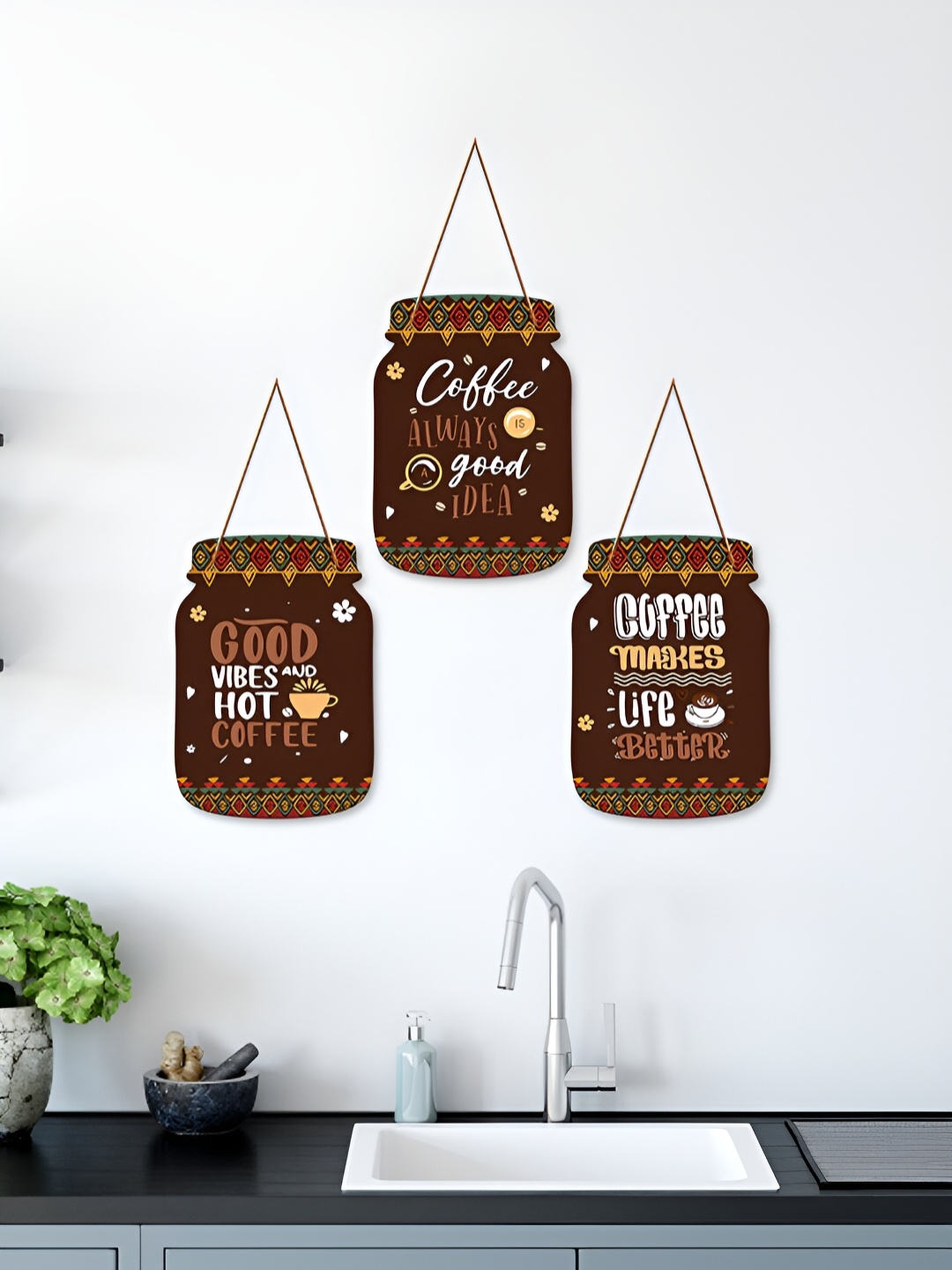 ArtVibes 3 Pieces Brown Quotes Printed Wooden Wall Hangings