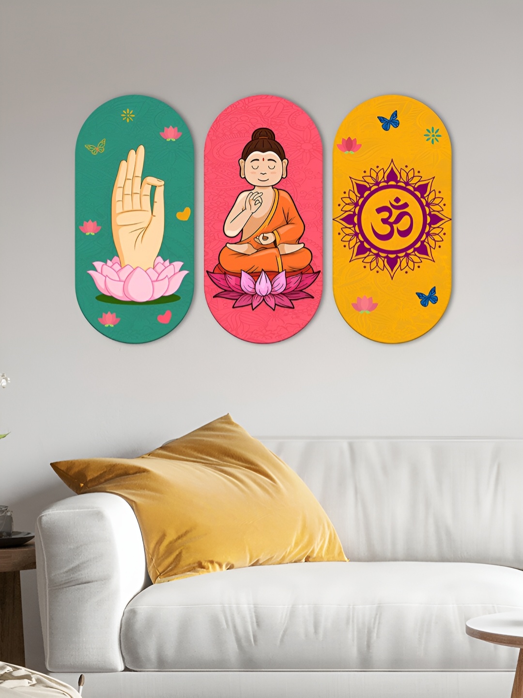 

ArtVibes Pink & Yellow 3 Pieces Om Printed Wooden Wall Hangings