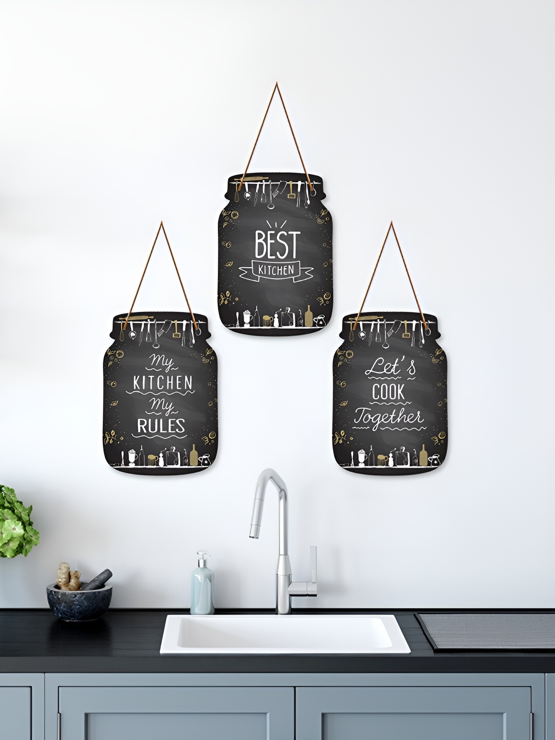 ArtVibes Black 3 Pieces Quotes Wooden Wall Hangings