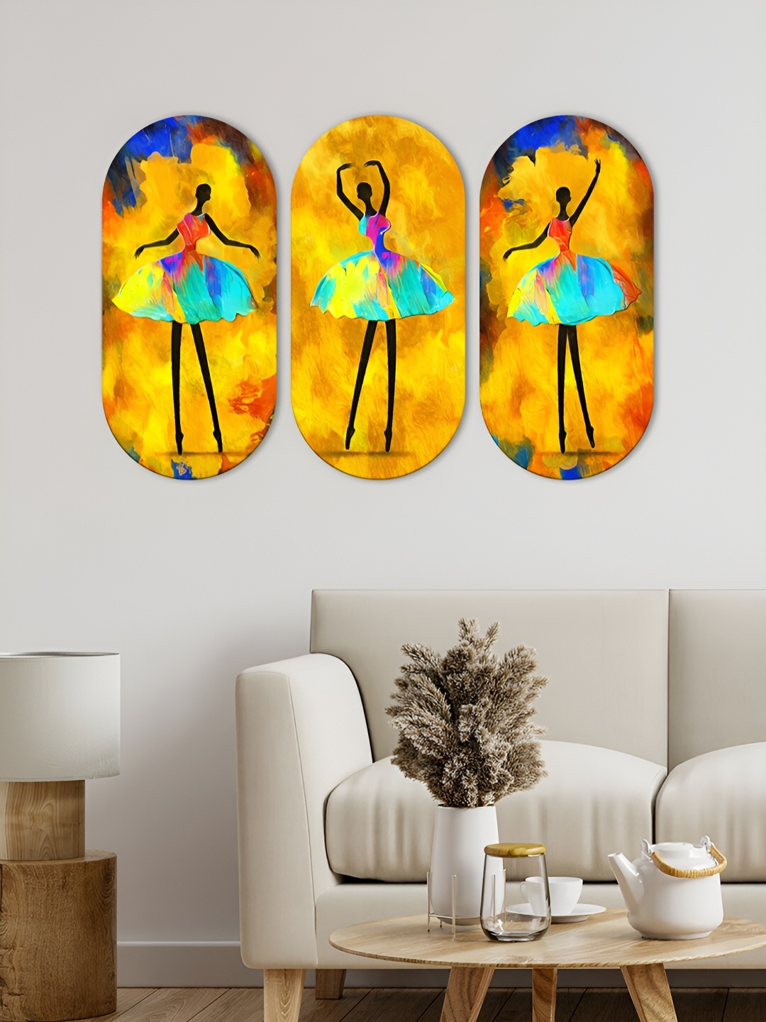 

ArtVibes 3 Pieces Yellow Dancing Girls Wooden Wall Hanging