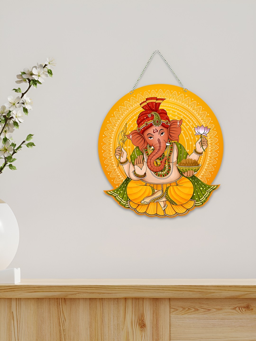 

ArtVibes Yellow Lord Ganpati Wooden Wall Hanging, Orange