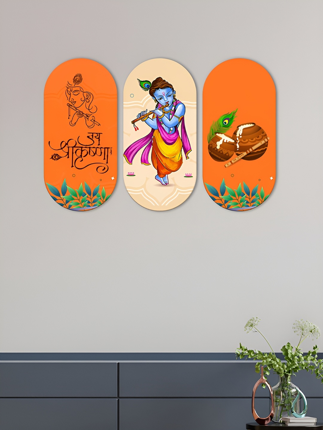 

ArtVibes 3 Pieces Orange-Coloured Shree Krishna Wooden Wall Hangings