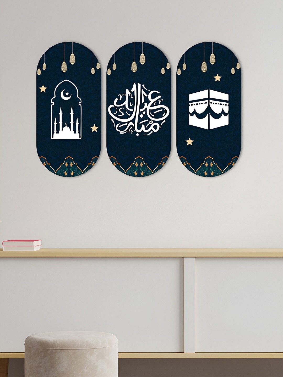 

ArtVibes Blue & White 3 Pcs Printed Wooden Wall Hangings
