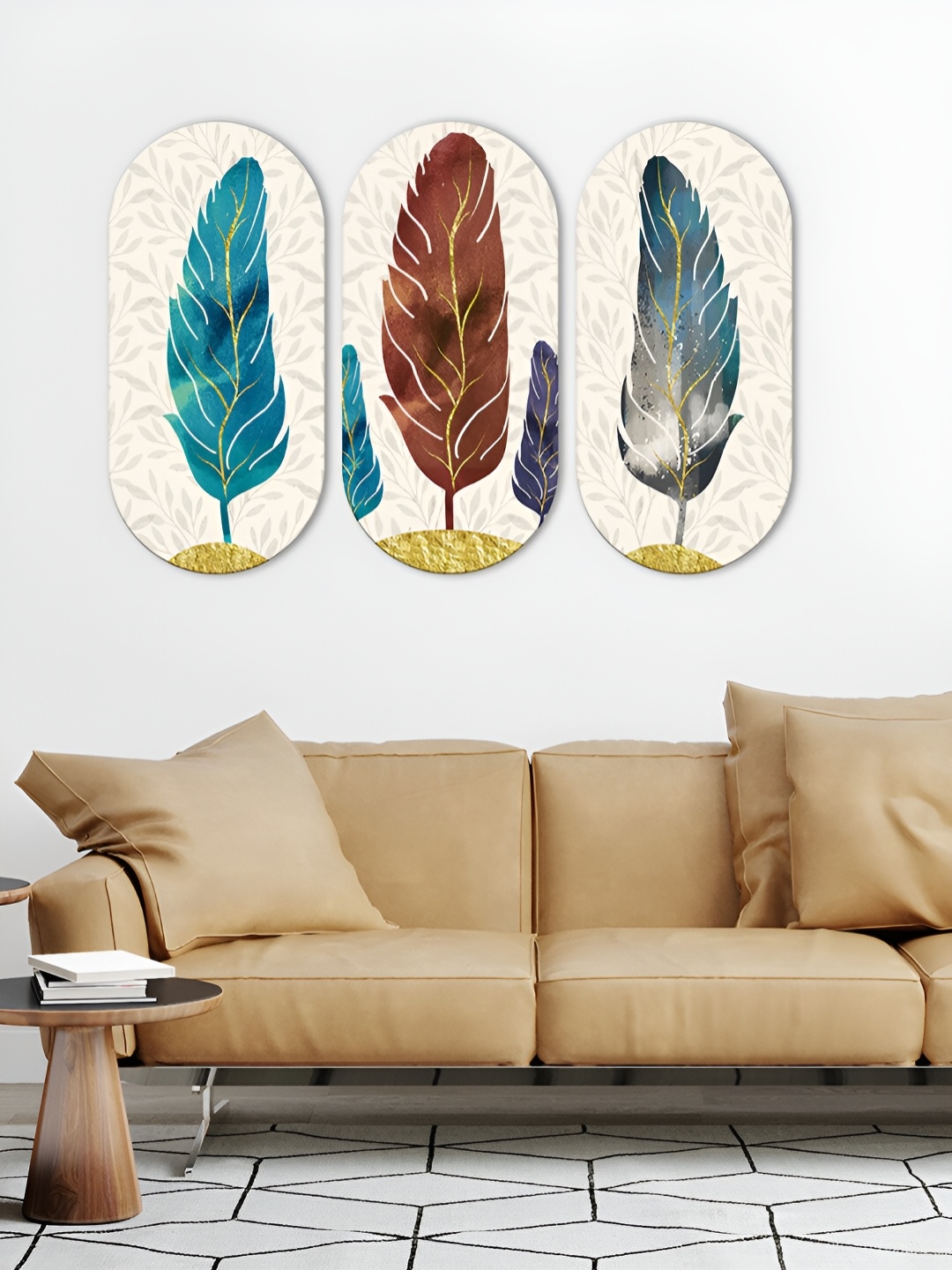 ArtVibes White 3 Pcs Leaves Printed Wooden Wall Hangings