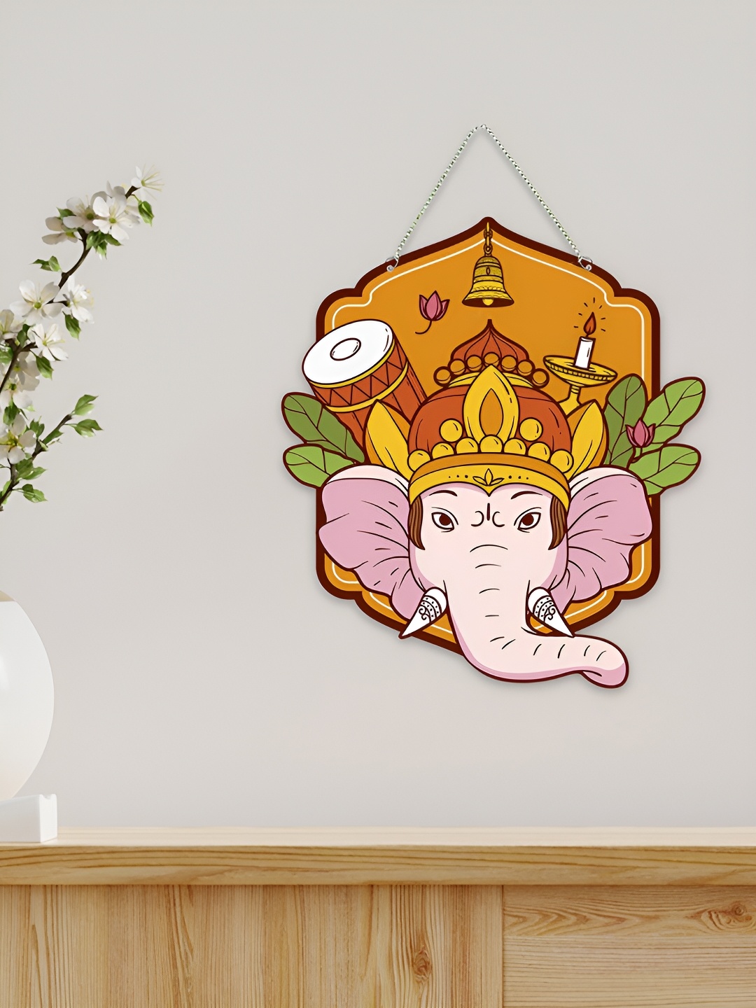 

ArtVibes Mustard Yellow & Pink Ganesha Wooded Wall Hanging