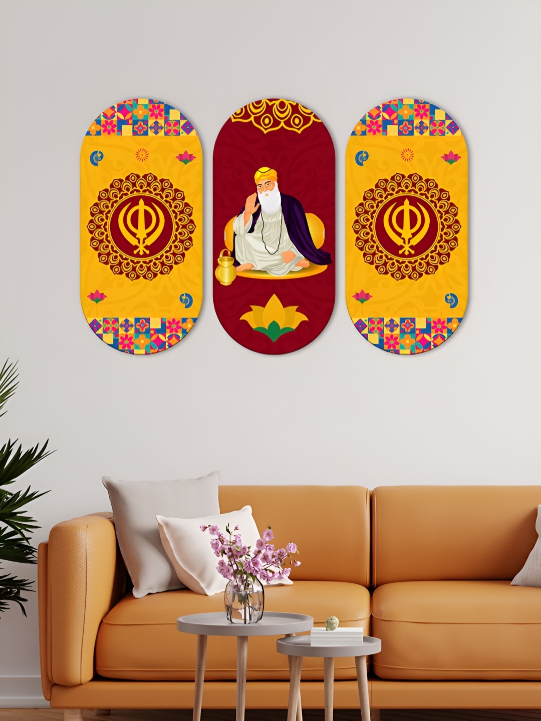 

ArtVibes Orange & Brown 3 Pieces Guru Nanak Printed Wooden Wall Hangings