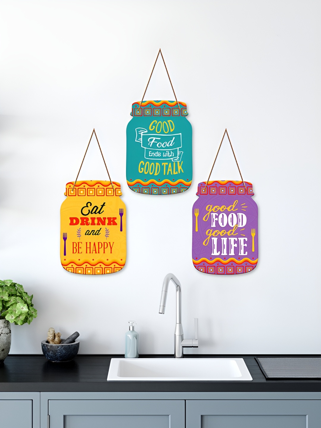 

ArtVibes Green 3 Pieces Quotes Printed Wooden Hangings Wall Decor, Yellow