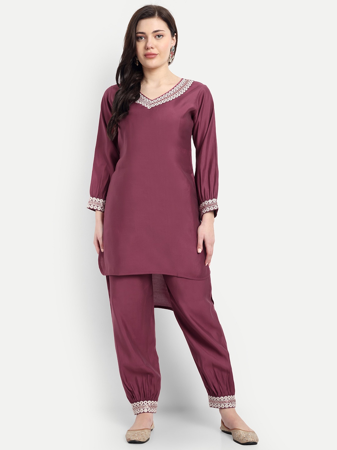 

V B SONS Embroidered V-Neck Top With Trousers, Maroon