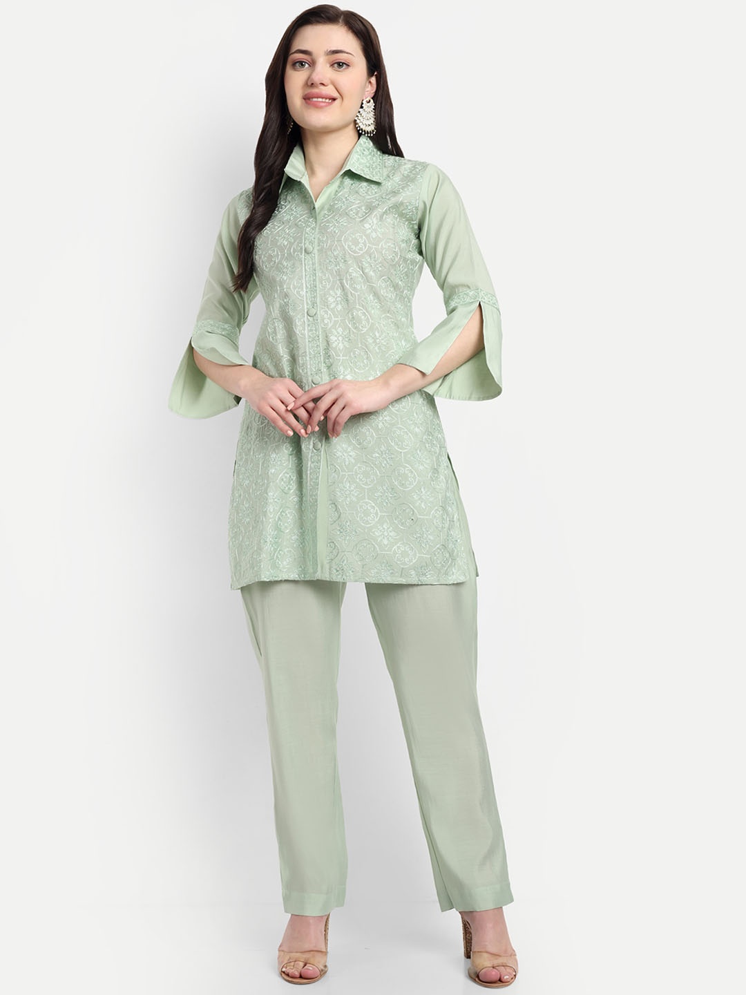 

V B SONS Floral Embroidered Shirt Collar Top With Trouser, Green