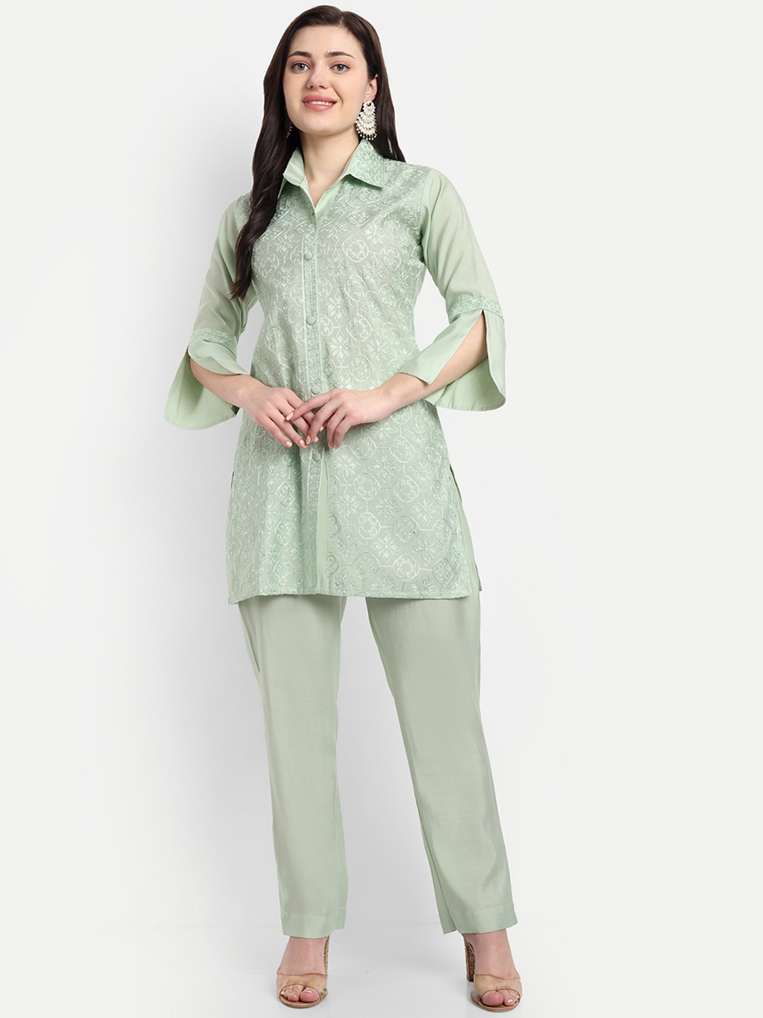 

V B SONS Floral Embroidered Shirt Collar Top With Trouser, Green