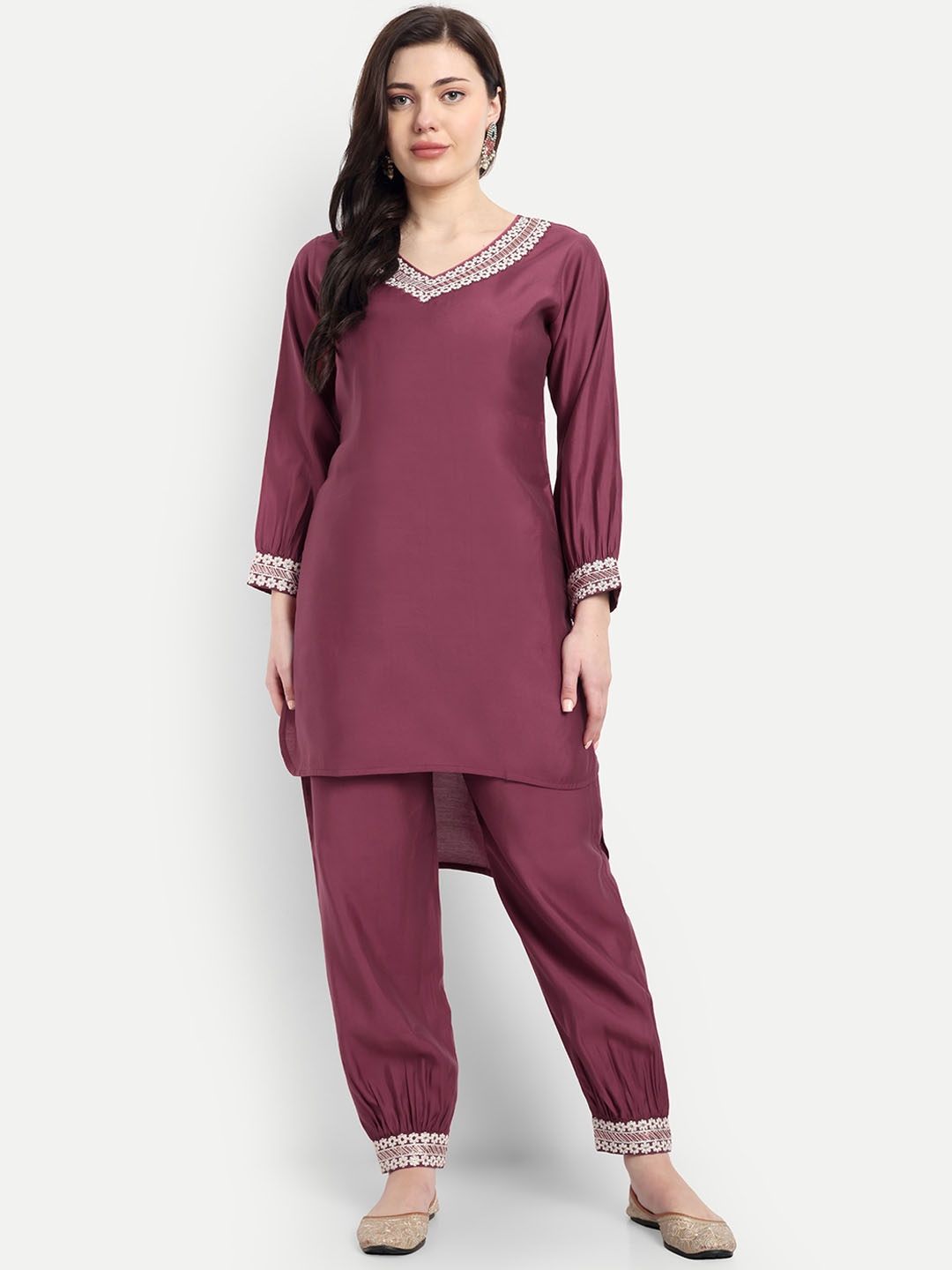 

V B SONS Embroidered V-Neck Top With Trousers, Maroon