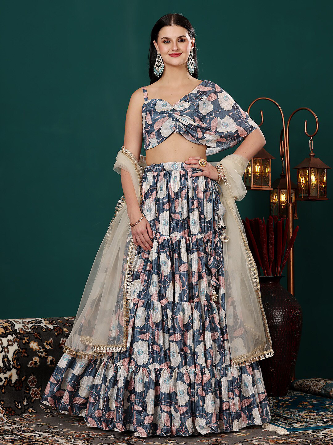 

Ethnovog Printed Ready to Wear Lehenga & Blouse With Dupatta, Teal