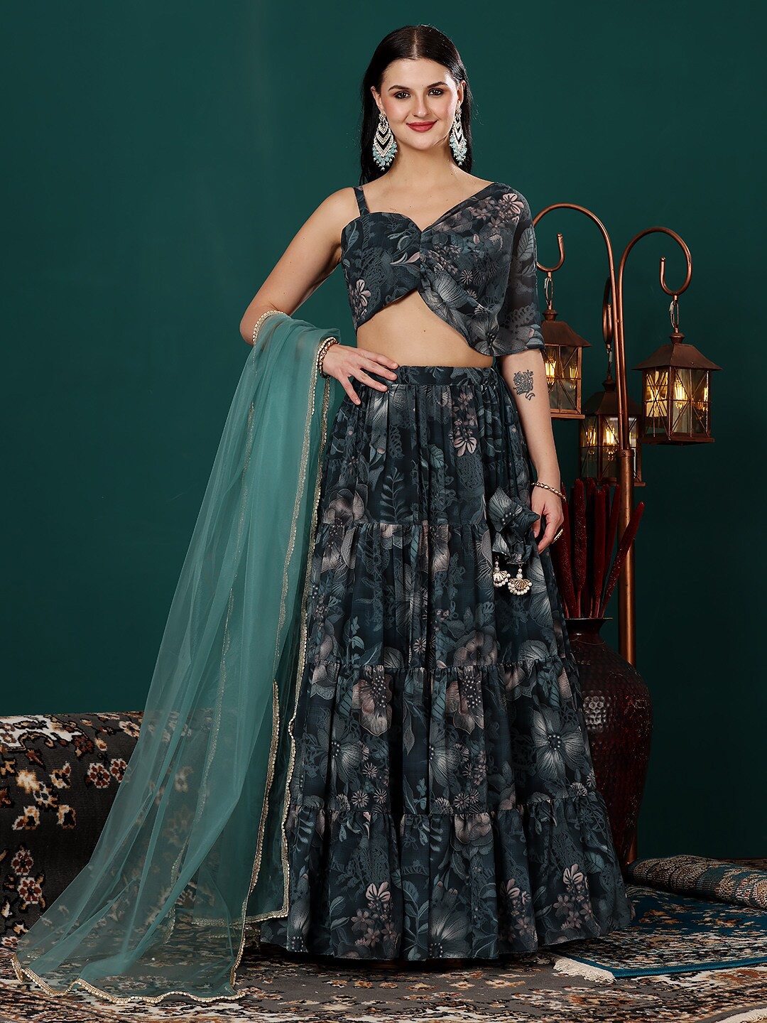 

Ethnovog Floral Printed Beads & Stones Tiered Ready to Wear Lehenga & Blouse With Dupatta, Green