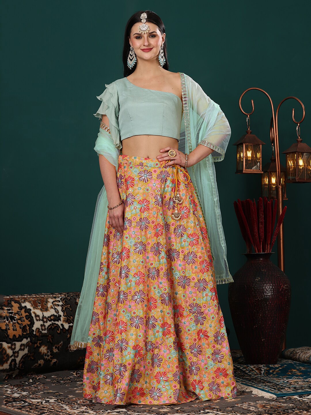 

Ethnovog Floral Embroidered Sequinned Ready to Wear Lehenga & Blouse With Dupatta, Blue