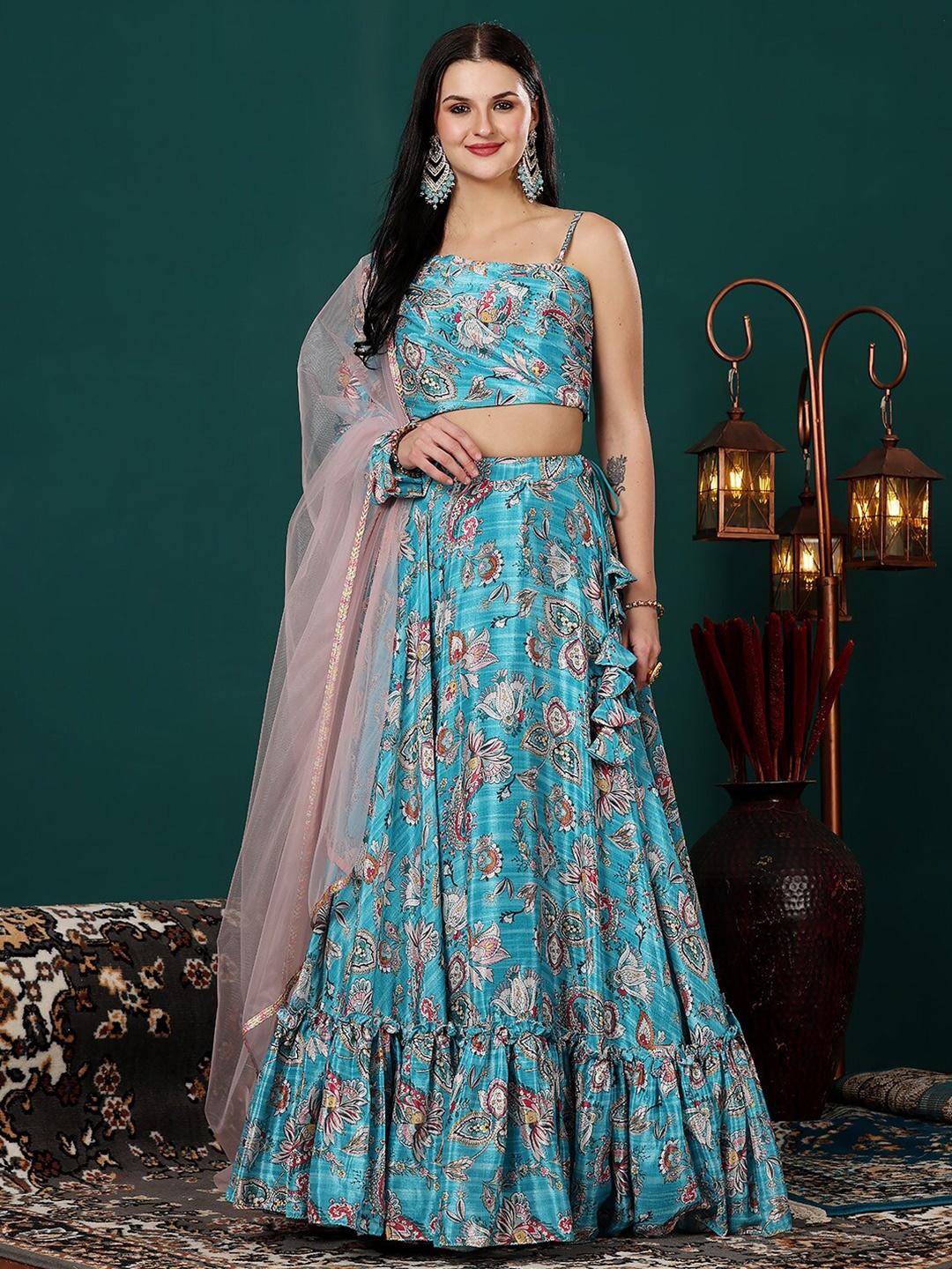 

Ethnovog Floral Printed Ready to Wear Lehenga & Blouse With Dupatta, Blue