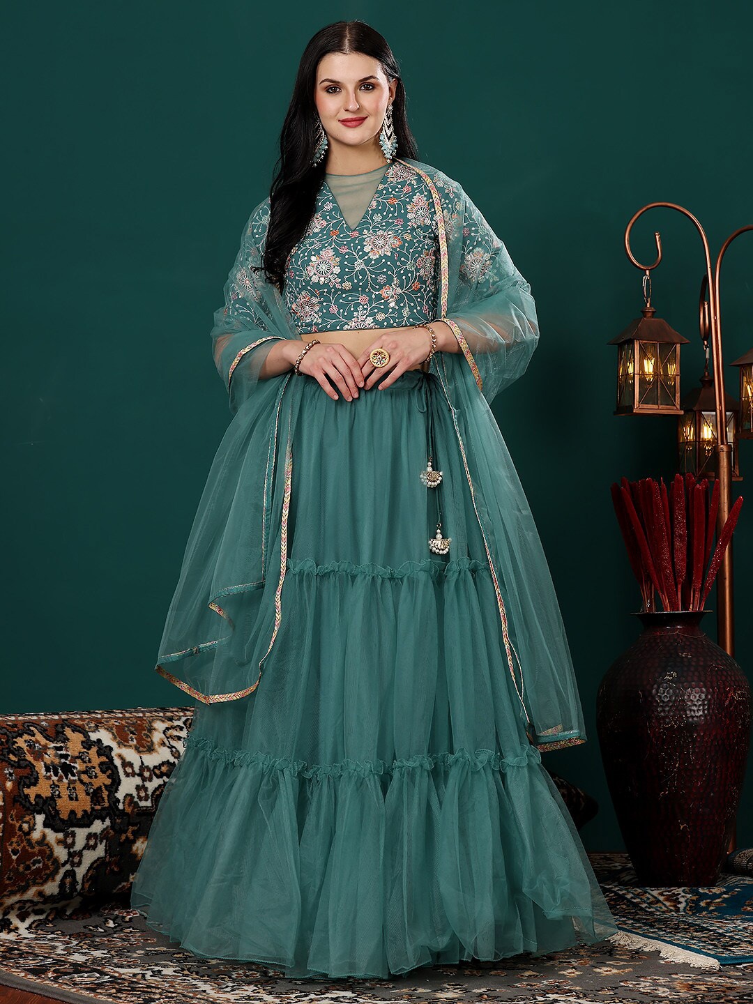 

Ethnovog Floral Embroidered Ready to Wear Lehenga & Blouse With Dupatta, Green