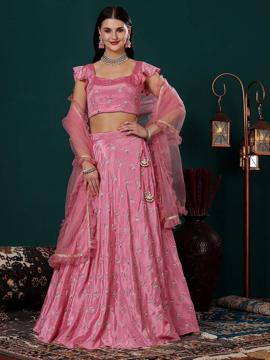 

Ethnovog Floral Embroidered Ready to Wear Lehenga & Blouse With Dupatta, Pink