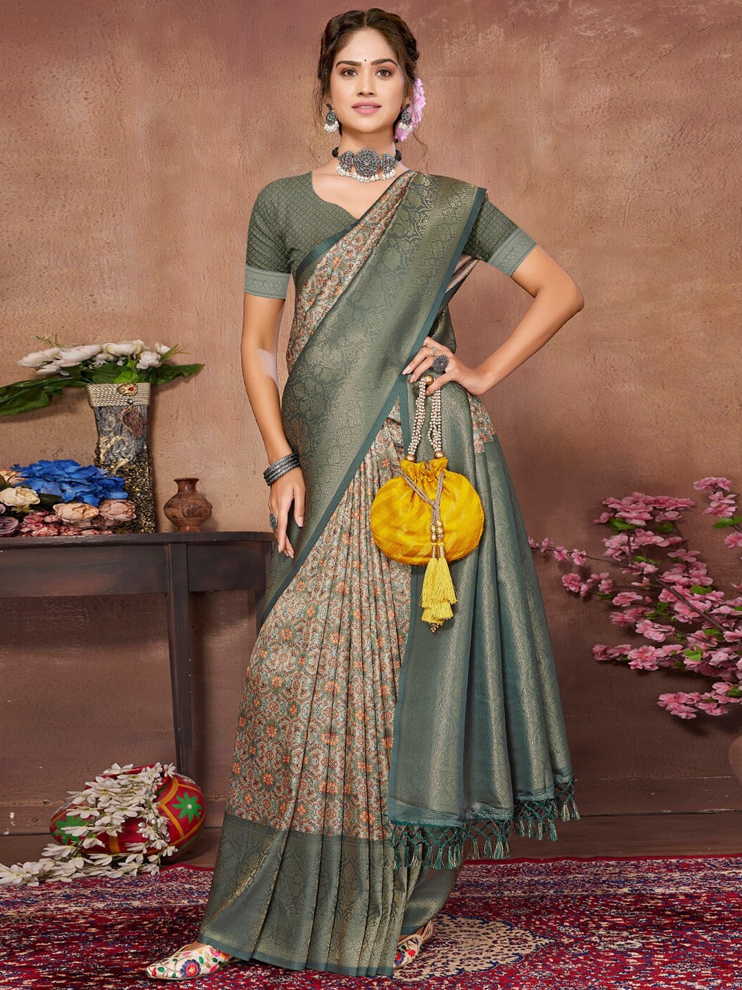 

SANSKAR Ethnic Motifs Zari Silk Cotton Saree, Green